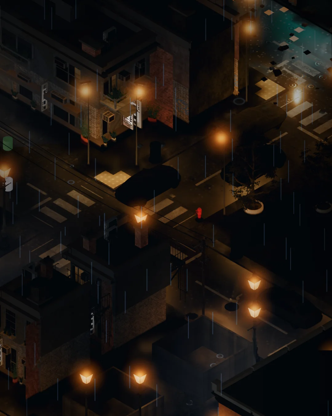 Isometric night city blocks: rooftops, crossings and streetlamps in the rain
