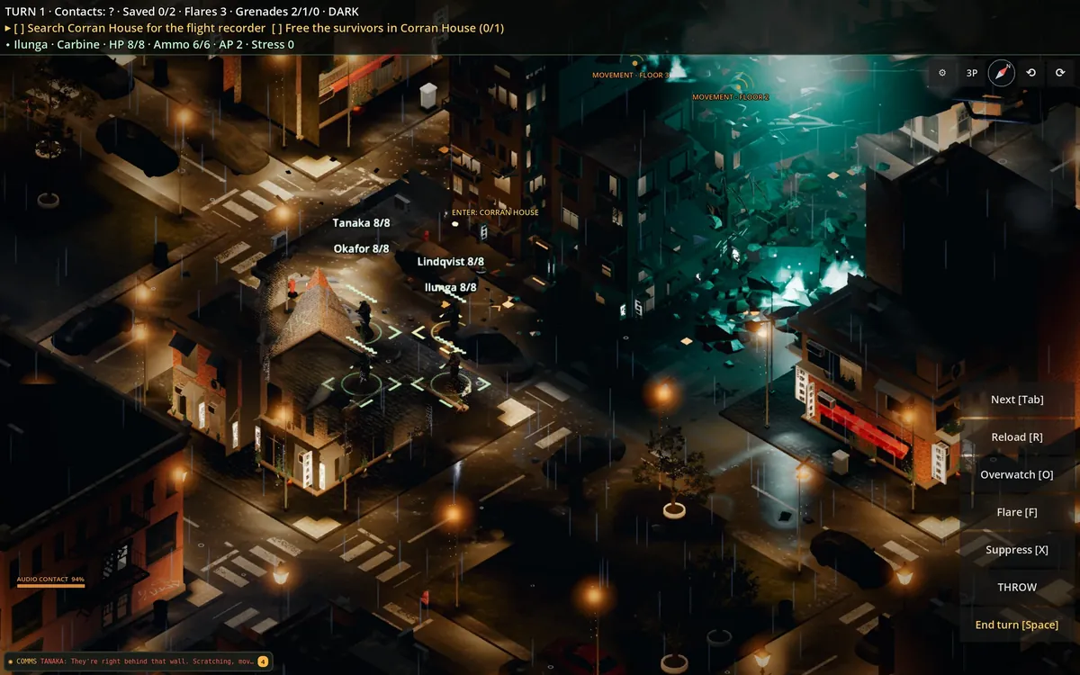 Alien Crash gameplay: a squad of four soldiers on a rainy night street corner, green crash glow behind the buildings, the action menu down the right