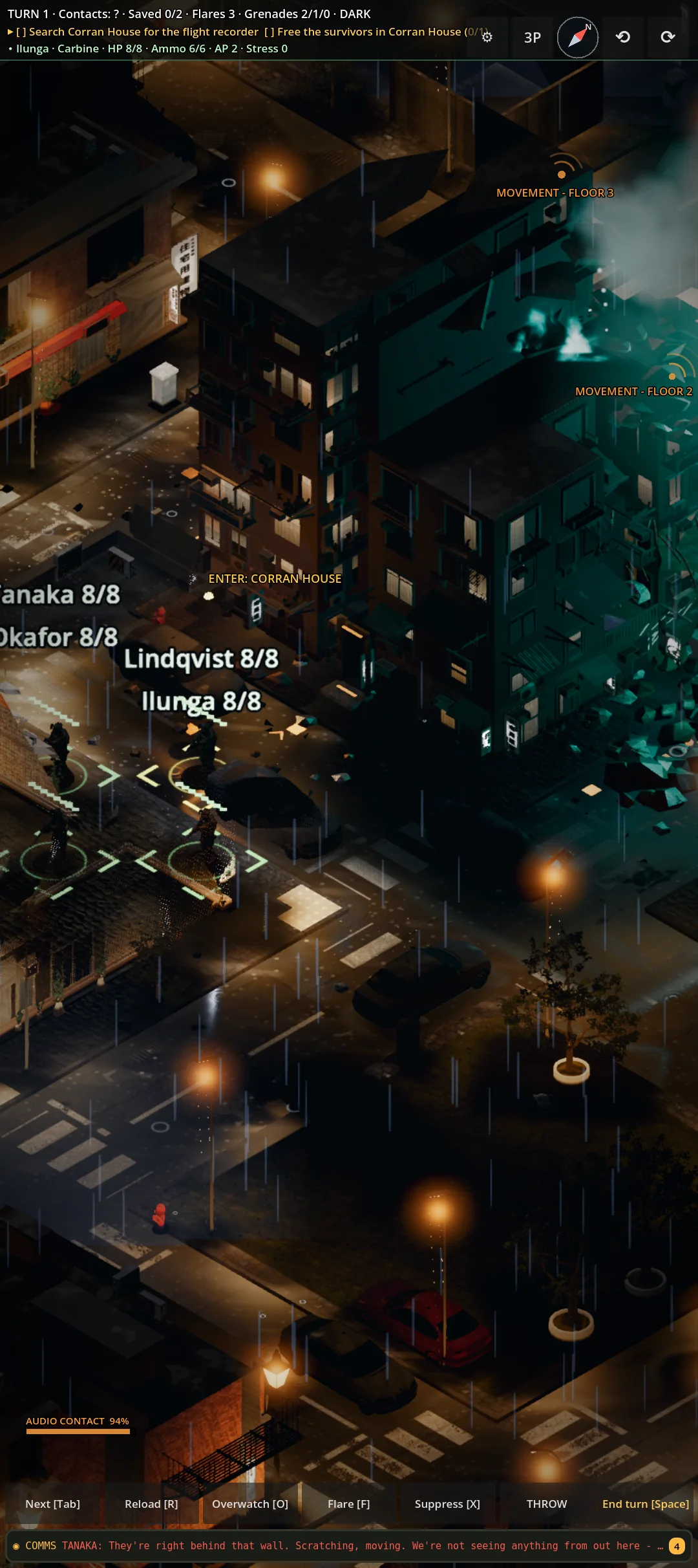 Portrait phone layout: the squad's names over their heads at a street corner, mission objectives at the top and the action buttons along the bottom
