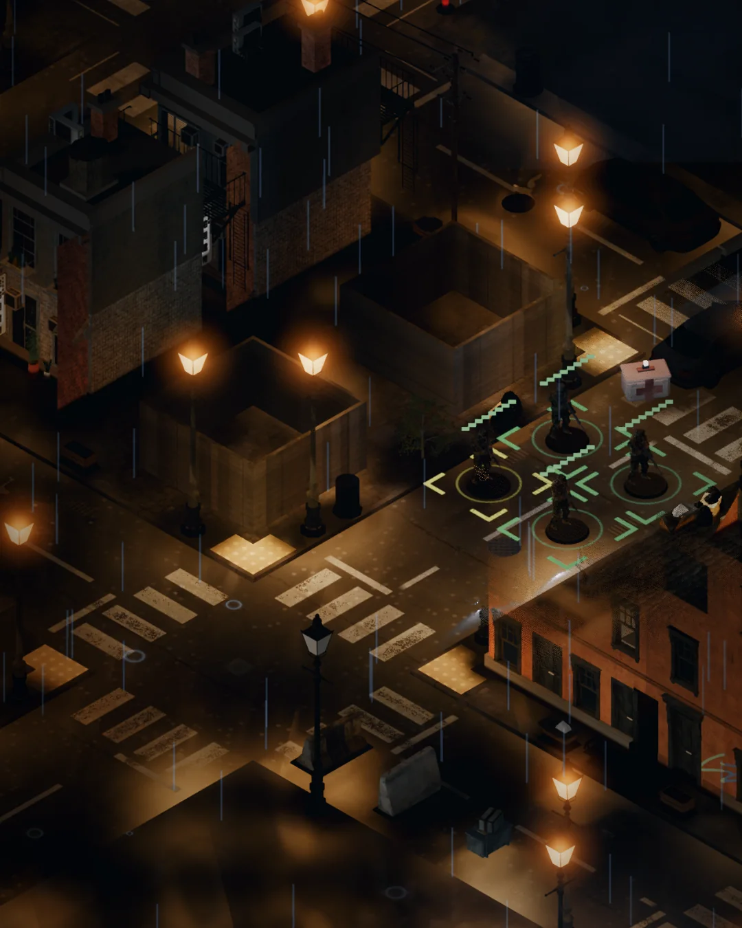 Isometric view without the interface: four soldiers on their unit rings at a wet crossroads, green cover markers around them, orange streetlamps and a medkit crate nearby