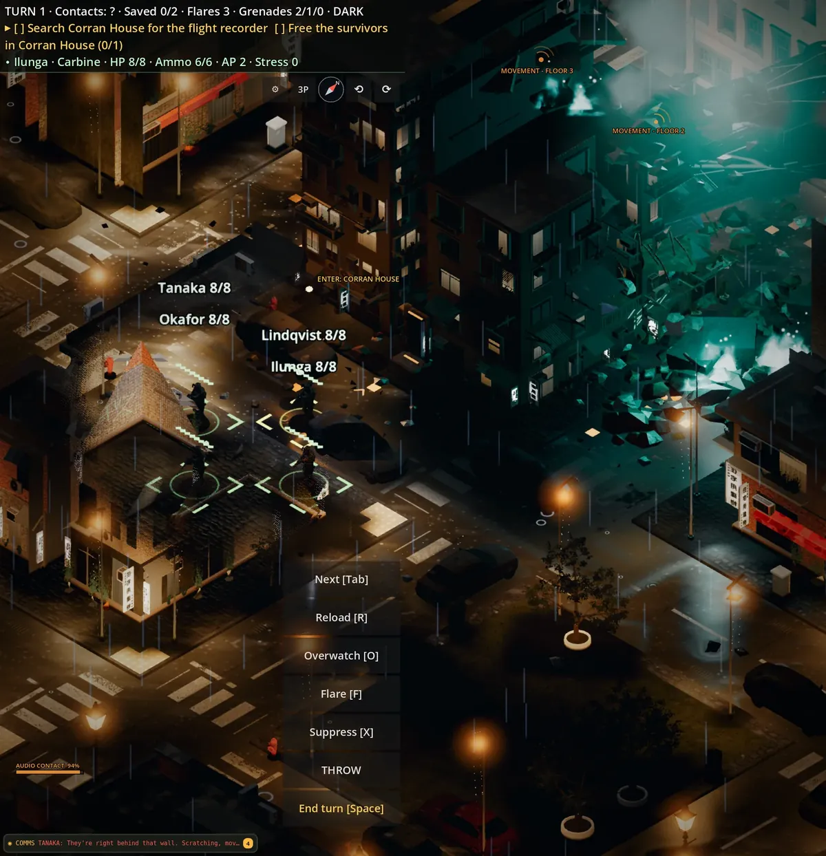 Near-square layout: the squad at the corner of Corran House, the crash site glowing green to the right, Next, Reload, Overwatch, Flare, Suppress and Throw buttons on screen