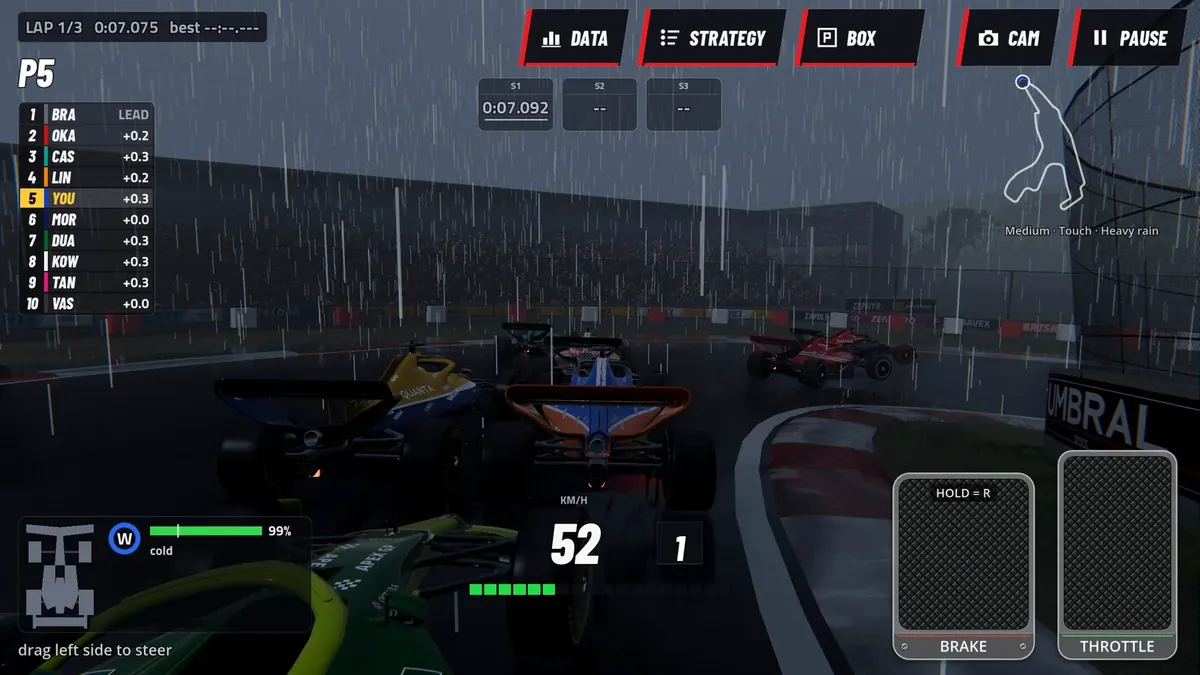 Racing in heavy rain under a dark sky, cars strung out ahead